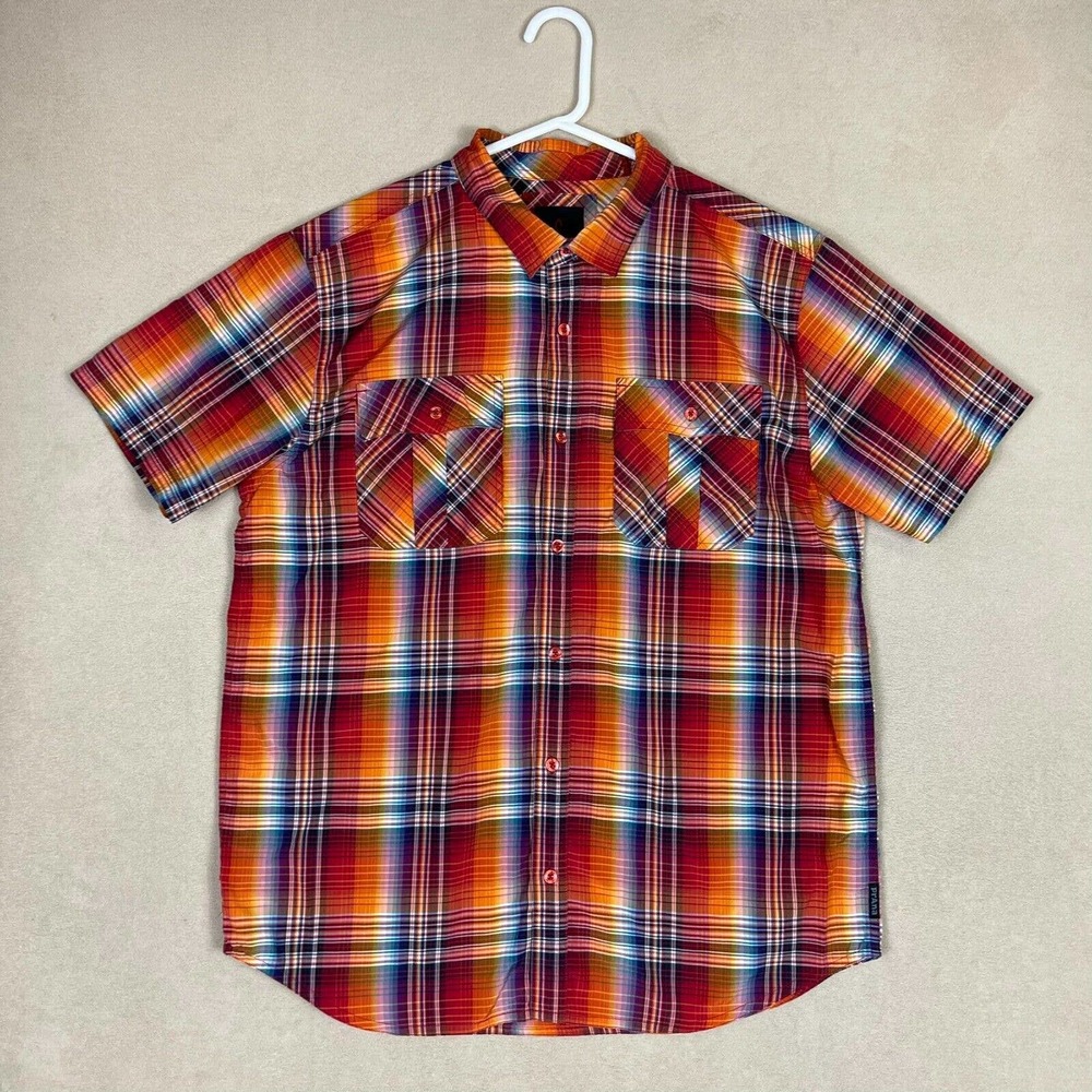 Prana Shirt Adult Extra Large Orange Plaid Short Sleeve Logo Mens